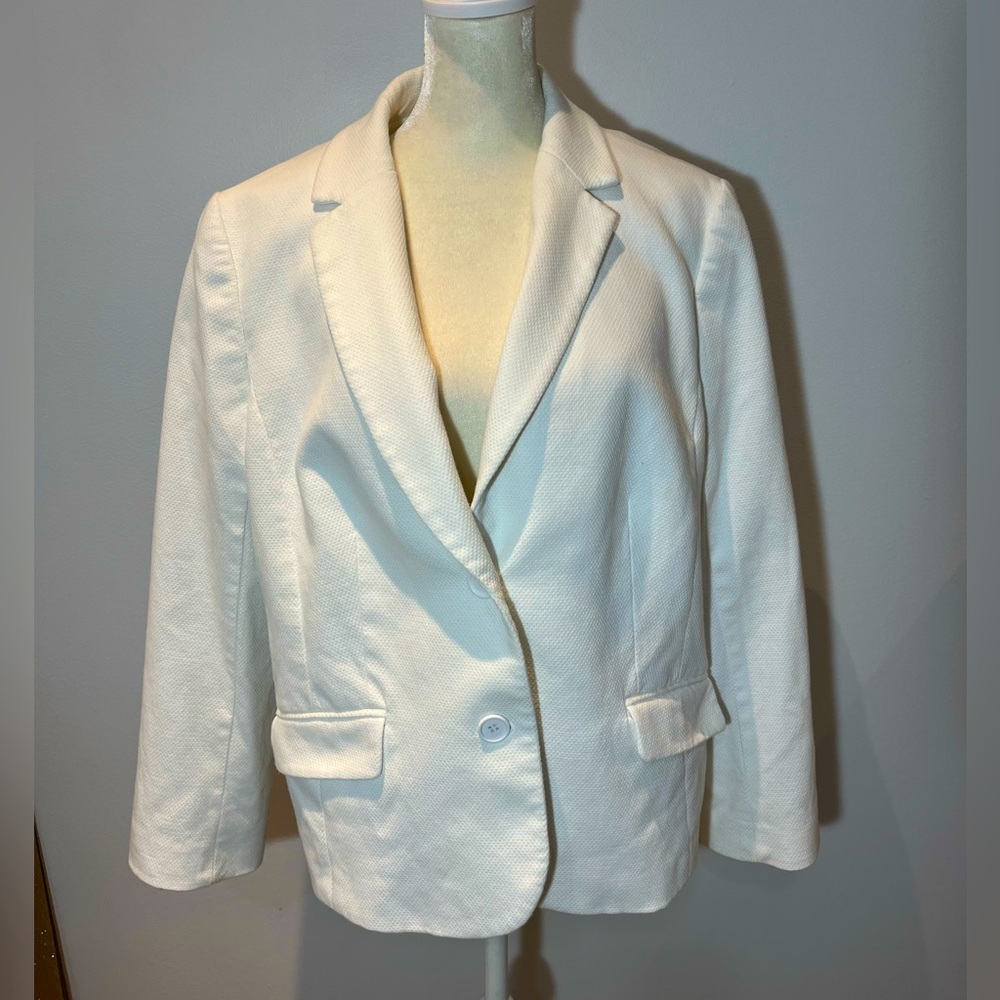 Talbots Womens White Knit Blazer Jacket size 16 XL Single Breasted 2 Button